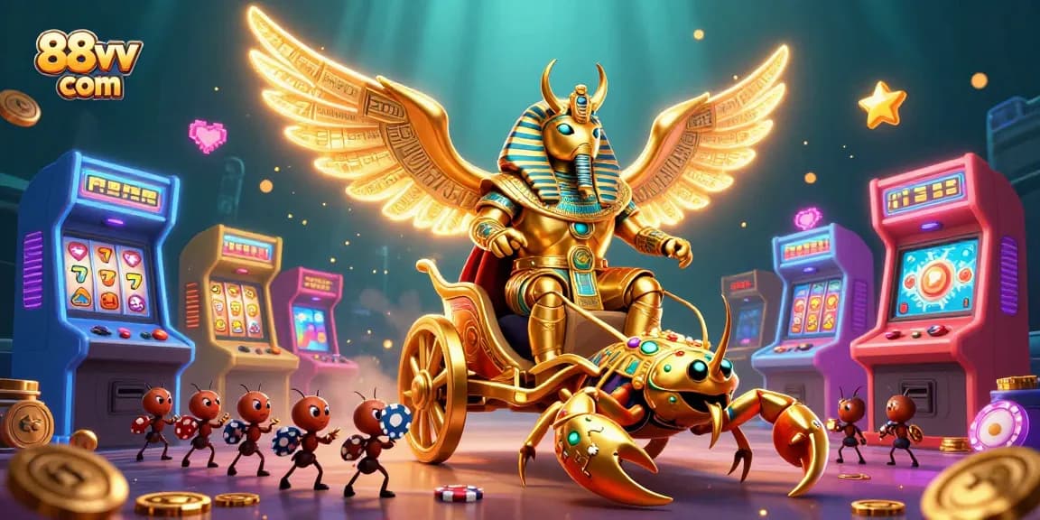 Engage with exciting games at 88vv com, featuring a dazzling golden scarab beetle in a vibrant casino adventure.
