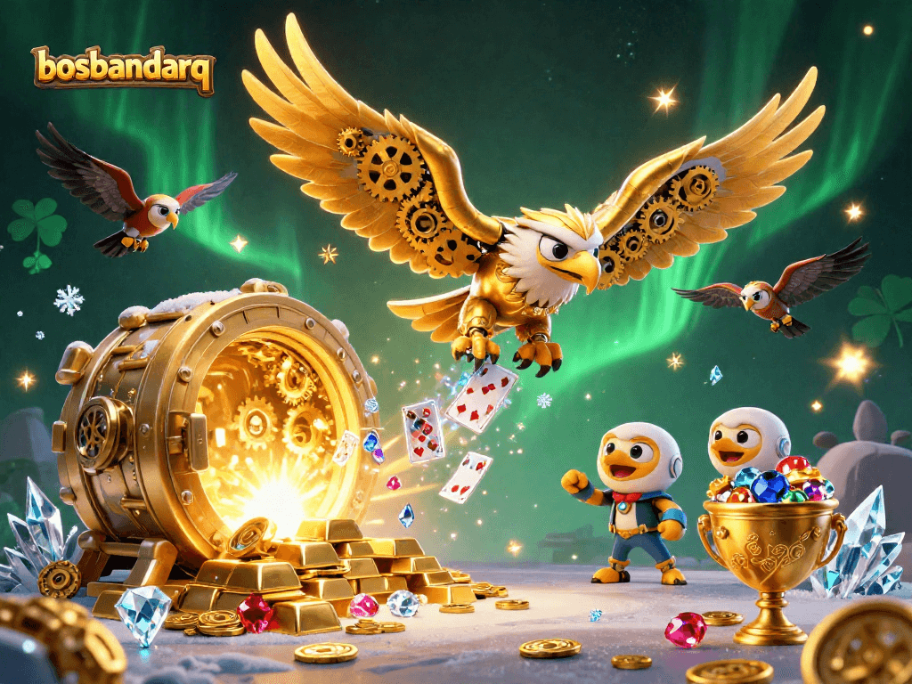 Experience thrilling gameplay at bosbandarq with vibrant holographic cards and a cybernetic eagle.