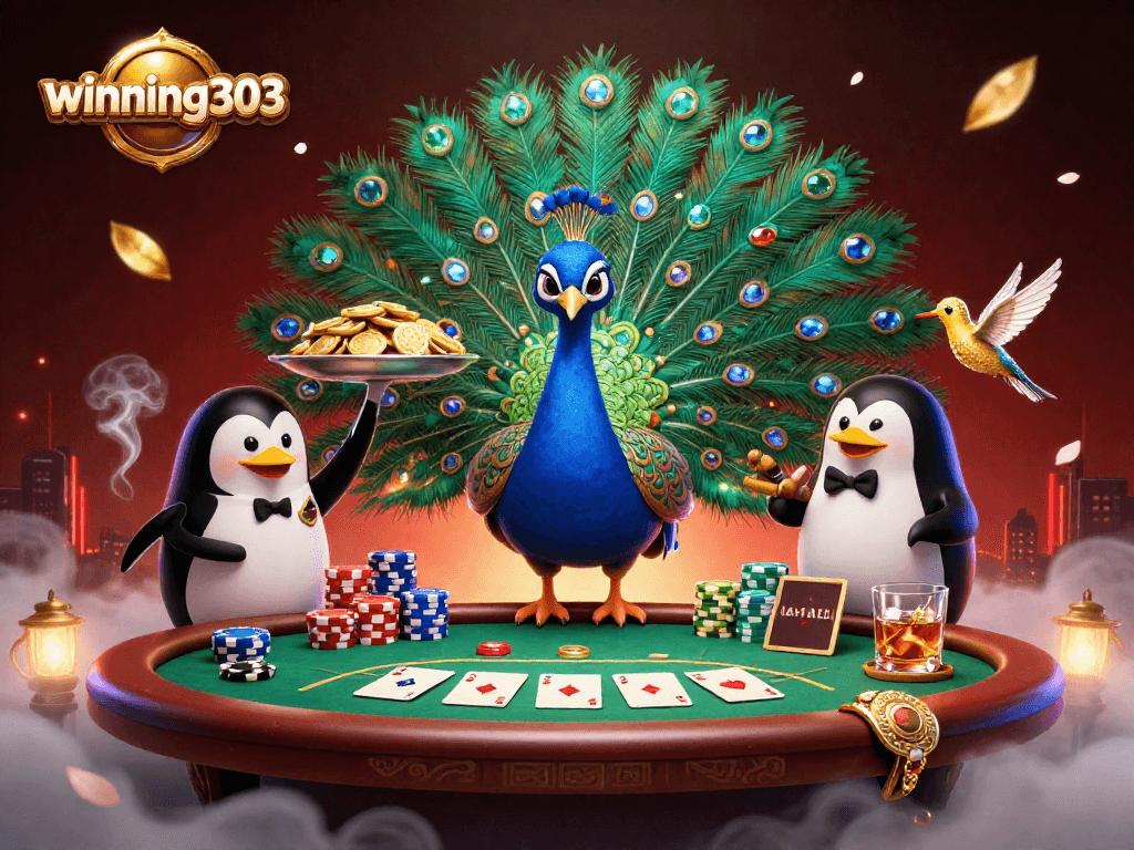 Winning303 showcases a vibrant casino scene with a peacock, a butler penguin, and chips flying around.