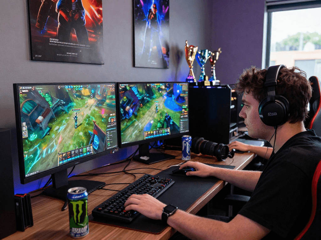 Player engaged in intense gameplay with MPOCASH.blog interface, showcasing gaming gear and vibrant atmosphere.