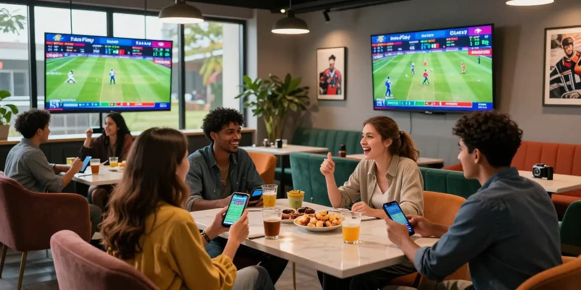 Friends enjoying the FairPlay login experience with live cricket betting in a vibrant sports lounge.