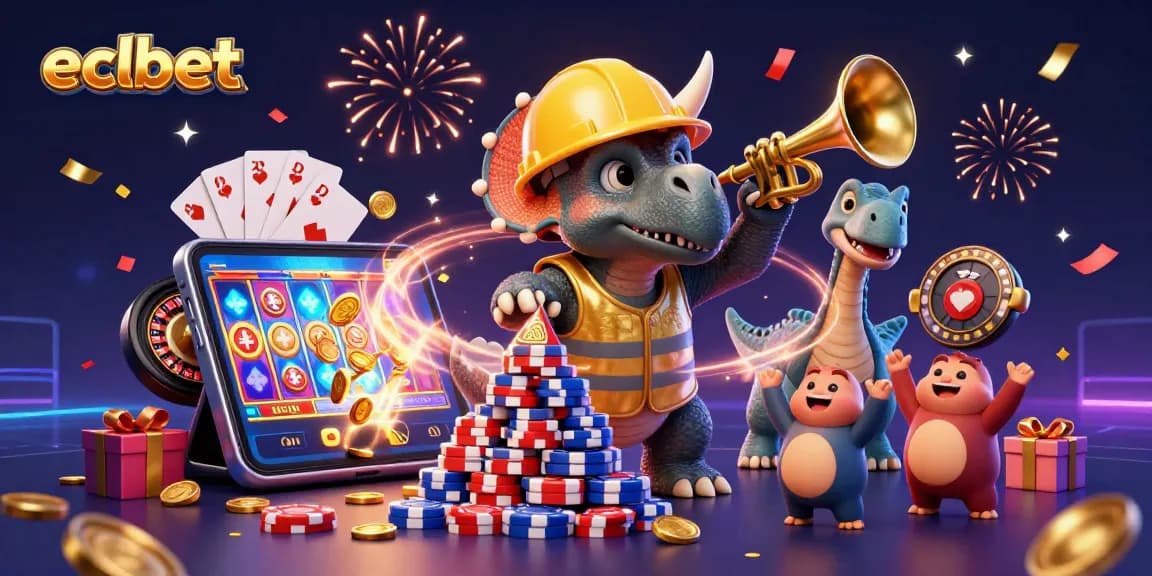 Join the excitement with eclbet in this 3D illustration of dynamic casino elements and fun characters!