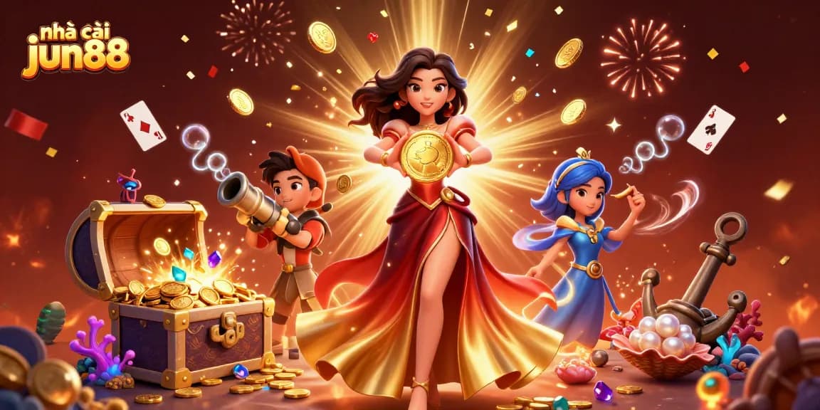 Experience thrilling gameplay at nhà cái jun88 with gems raining down in a festive 3D casino scene.