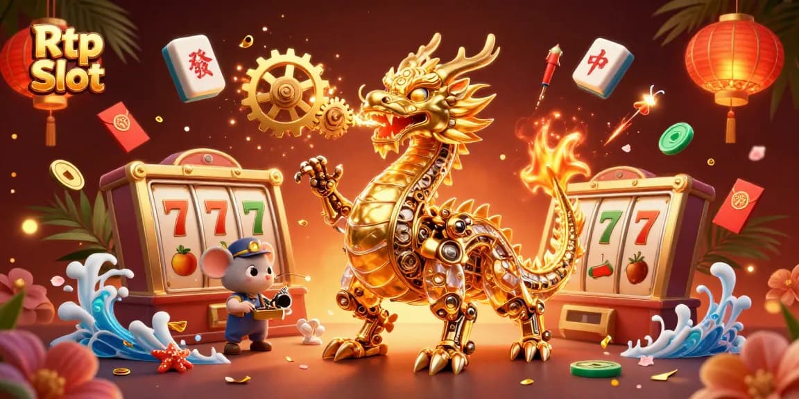 Play Rtp Slot with thrilling animations featuring a golden dragon and slot reels.