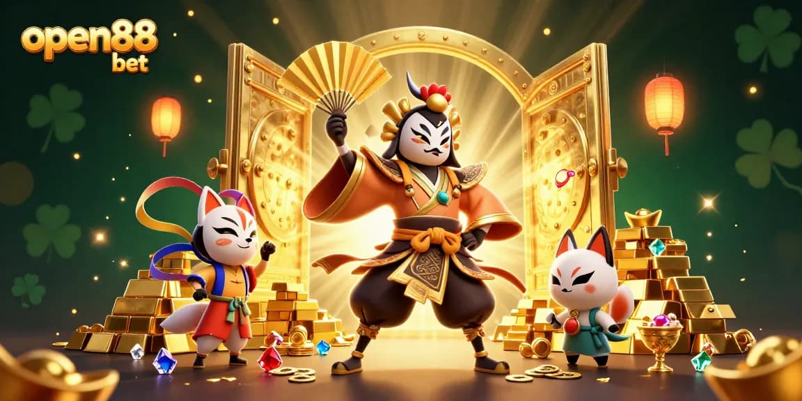 Experience the thrill of open88 bet with a vibrant 3D casino scene filled with treasures and energetic characters.