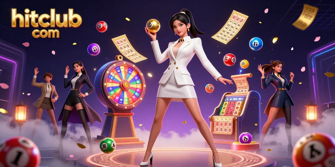 Experience the excitement with hitclub com as vibrant game elements surround a glamorous casino setting.