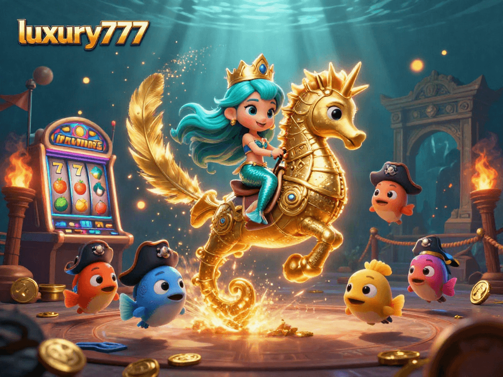 Permainan menarik luxury777 dengan putaran slot, putri duyung dan seahorse berkilau.