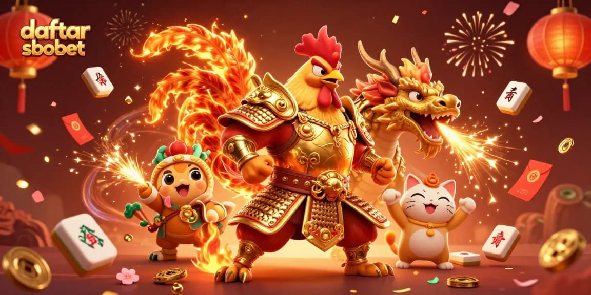 Engage in daftar sbobet with thrilling animated characters amidst festive casino elements.