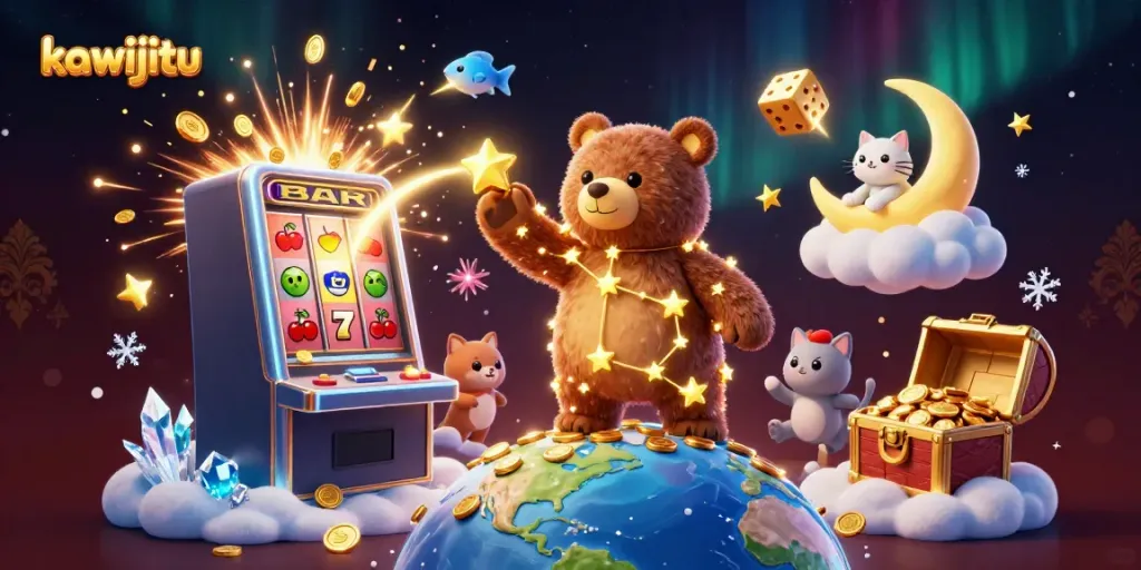 Kawijitu captures excitement with a constellation bear and slot machine bursting coins.