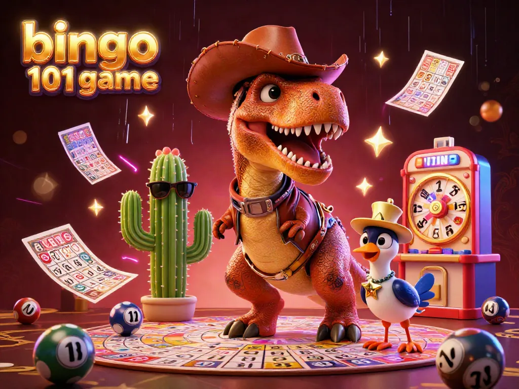 Permainan bingo 101 dengan dinosaur cowboy, cactus, dan burung roadrunner di antara elemen bingo yang menarik.