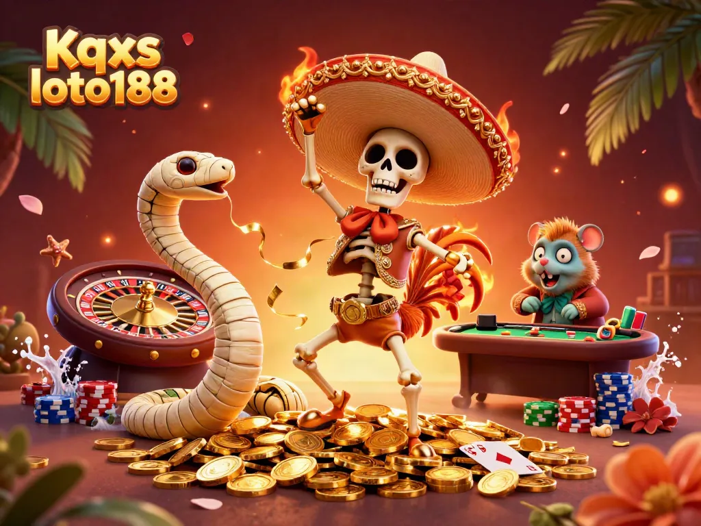 Kqxs loto188 celebration with a skeleton mariachi rooster dancing on coins at a roulette wheel.