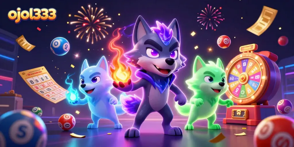 Experience the thrill of ojol333 with vibrant lottery balls and ghostly wolves in a dynamic casino scene.