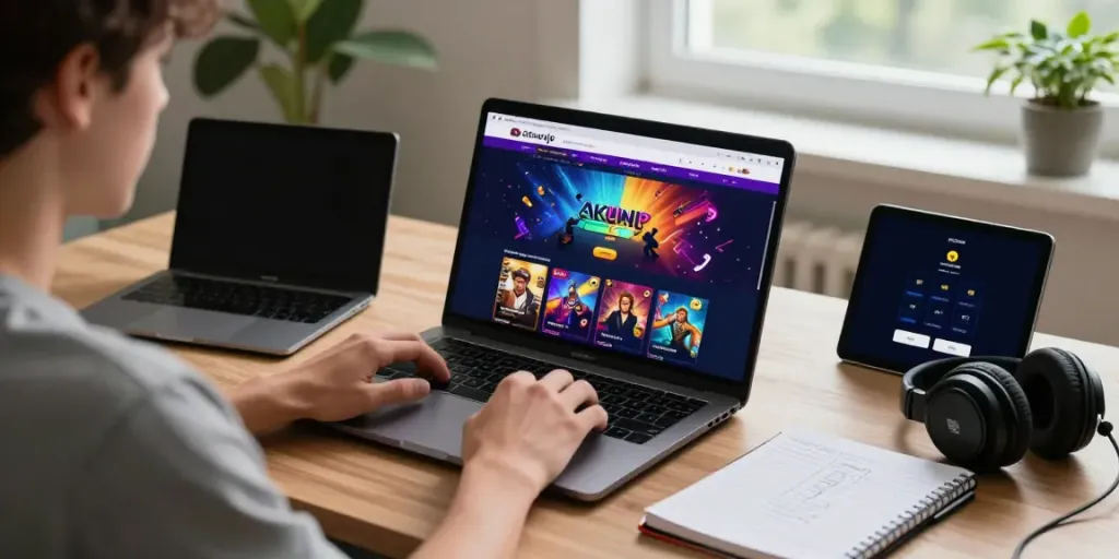 User enjoying gaming on akunjp platform in a cozy home setting.