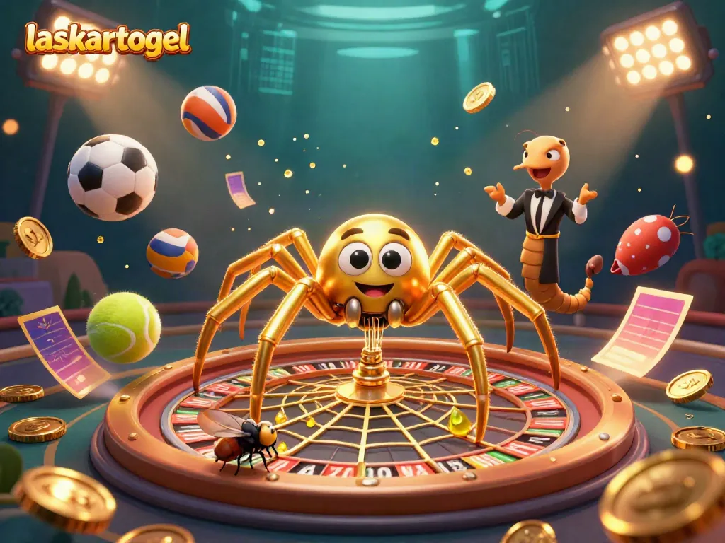 Experience the excitement of laskartogel as a fly nervously bets at a roulette wheel web spun by a golden spider and centipede croupier.