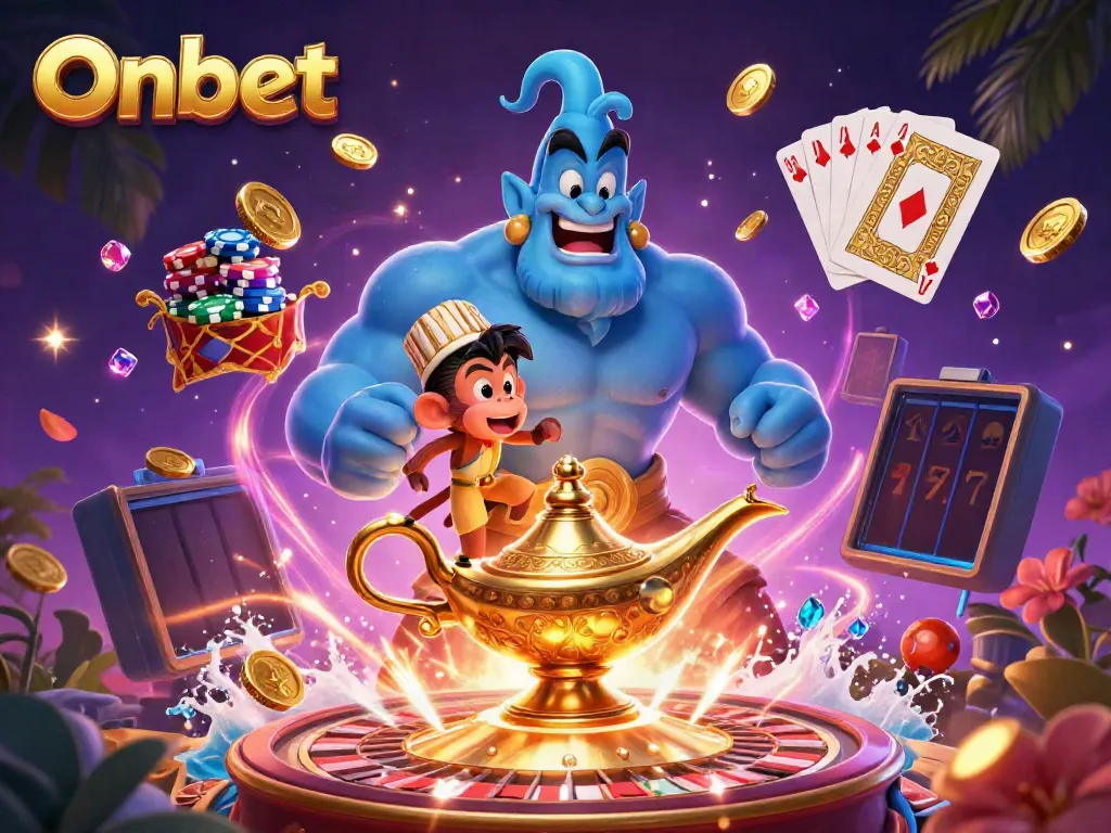 Engage with Onbet's thrilling gaming universe featuring a genie, poker chips, and golden treasures.