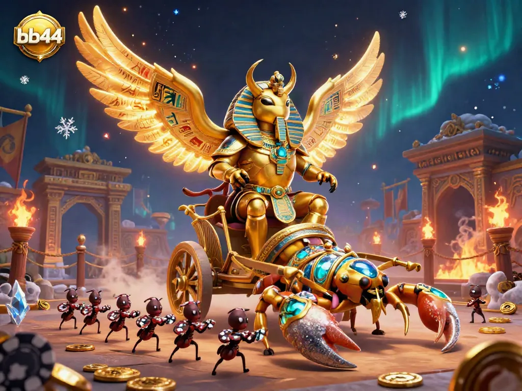 Engage with the dynamic bb44 casino experience through a vibrant illustration featuring a golden scarab beetle and jewel-encrusted scorpions.