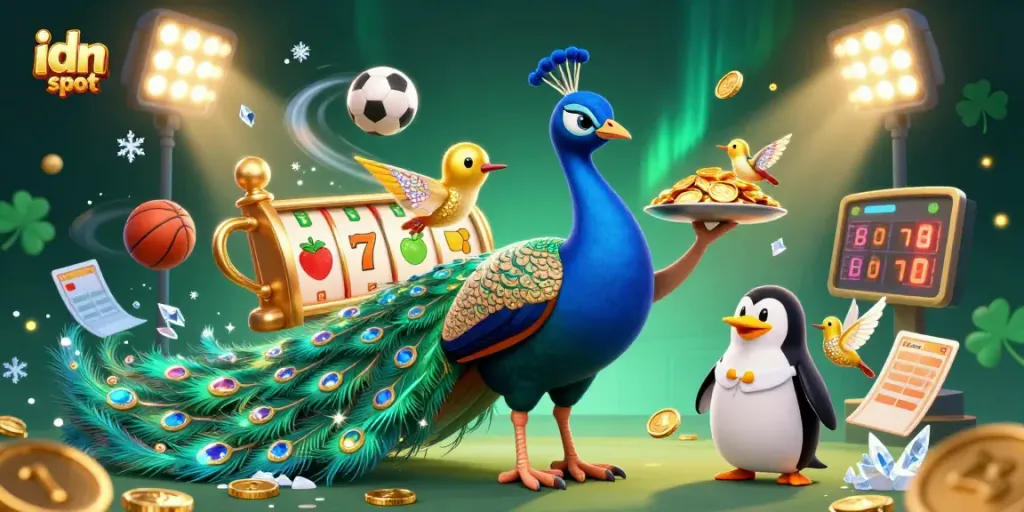Engage in the excitement of idn slot gaming with a vibrant 3D casino scene filled with dynamic characters and elements.
