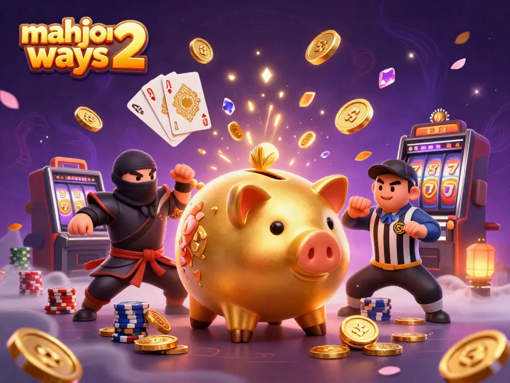 Experience thrilling gameplay with Mahjong Ways 2 as golden coins cascade from a sumo wrestler piggy bank in a vibrant casino scene.