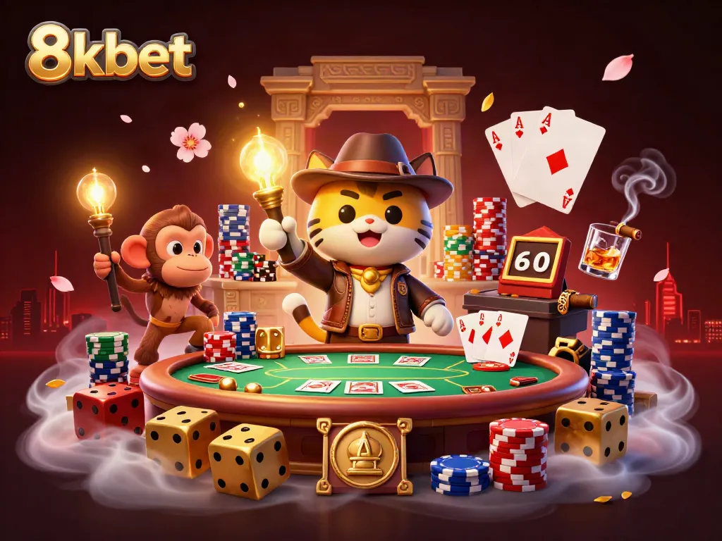 8kbet showcases an illustrated adventure of a cat archaeologist discovering gold in a casino-themed temple.
