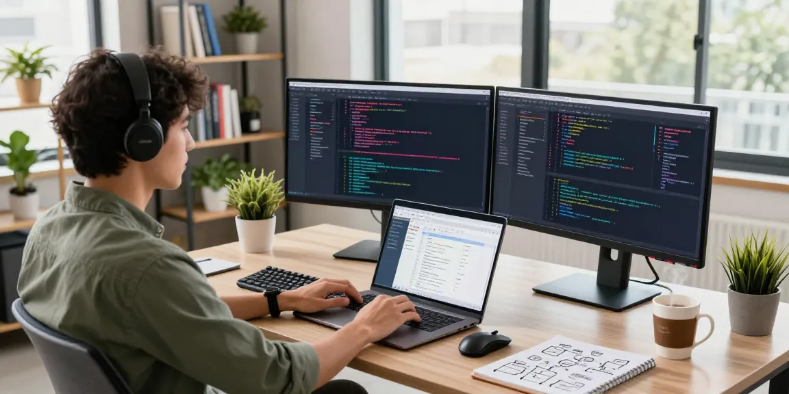 Focused software developer in modern workspace coding ALO8APP.WIN solutions with dual monitors and creative atmosphere.