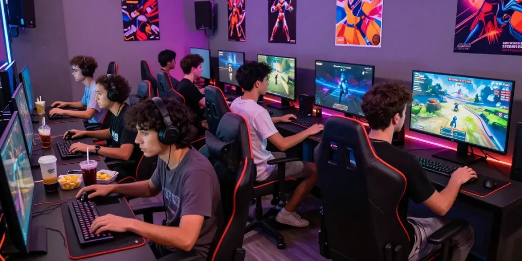 Group of gamers enjoying intense sessions in a vibrant a80 gaming lounge.