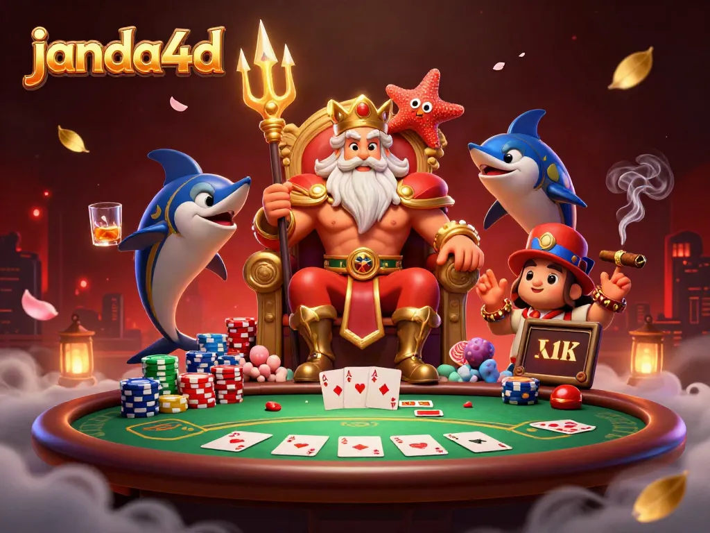 Janda4D memikat dengan Raja Laut dalam suasana kasino, dikelilingi oleh elemen poker menggugah selera.