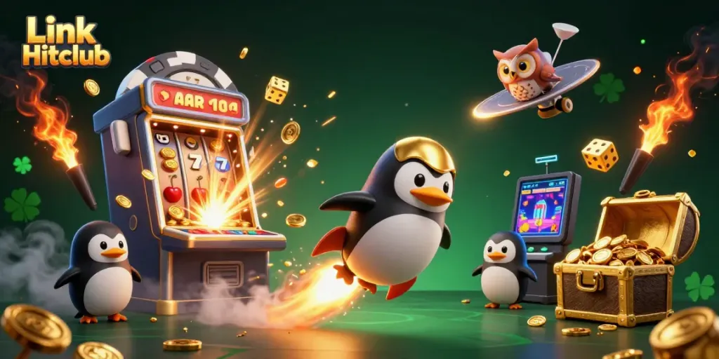 Experience the thrill of gaming with Link Hitclub, featuring a dynamic scene with vibrant cartoon imagery and rich casino elements.
