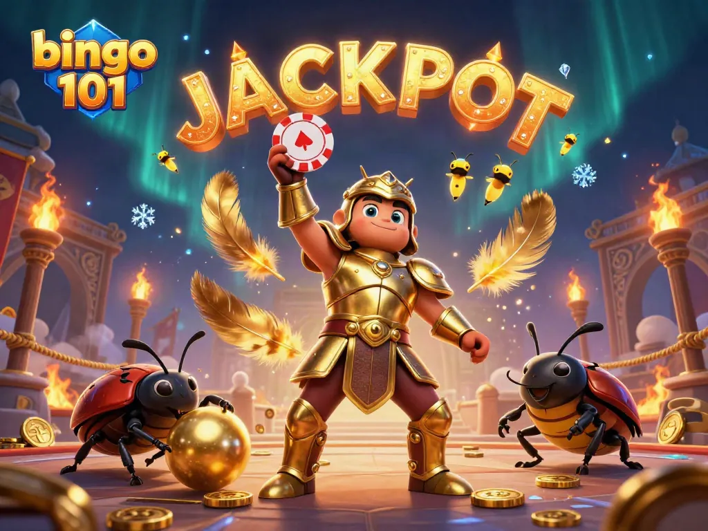 Bingo 101 scene with a heroic beetle winning and dazzling fireflies announcing jackpots, showcasing thrilling gameplay.