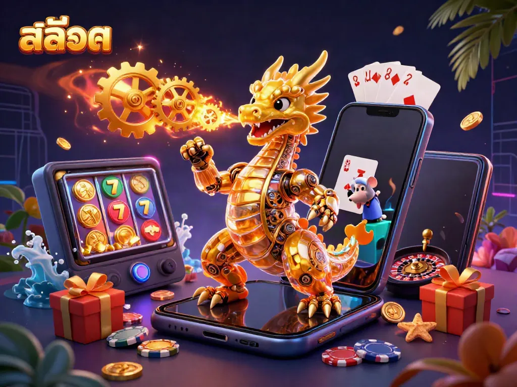 Engage in exciting สล็อต gameplay with a 3D golden dragon and slot elements in this vibrant casino scene.