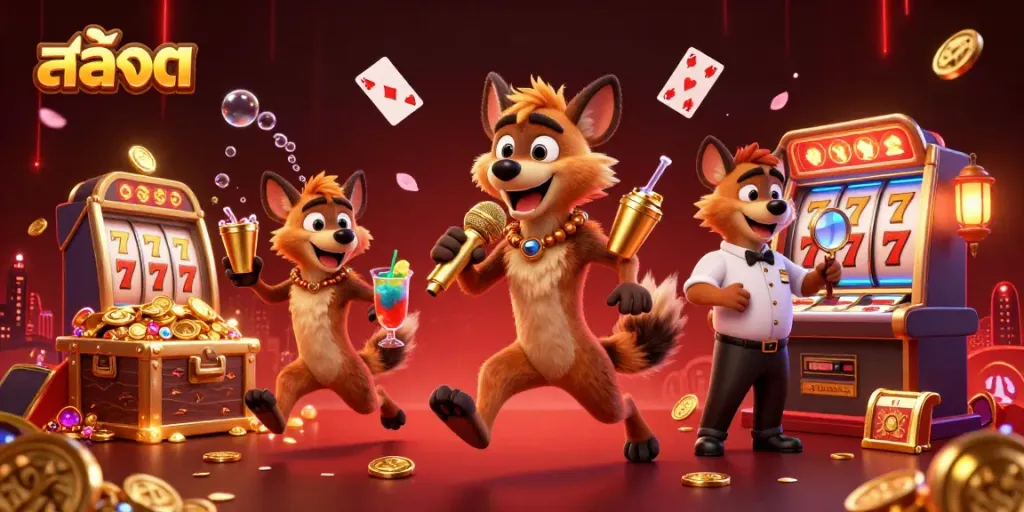 Experience the excitement of สล็อต in a vibrant casino scene featuring playful hyenas and golden treasures.