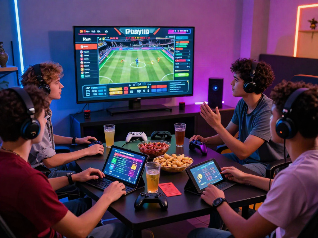Friends excitedly engaging with the Playin exchange platform during a lively gaming session, showcasing camaraderie and betting excitement.