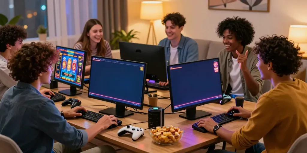Friends enjoying a lively game night playing slot online in a cozy living room.