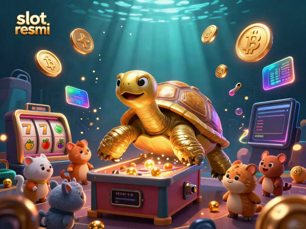 Play thrilling slots with golden tortoise, vibrant cryptocurrency coins, and lively characters in this interactive scene featuring slot resmi.
