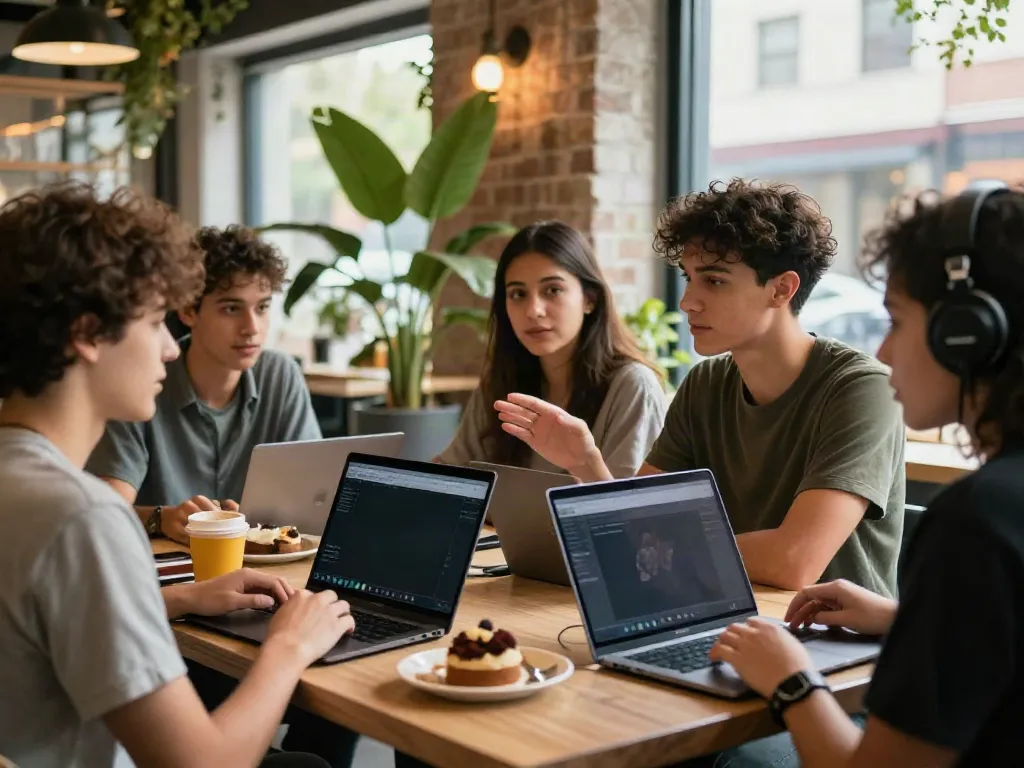 Group of friends discussing akunjp gaming strategies in a trendy cafe.