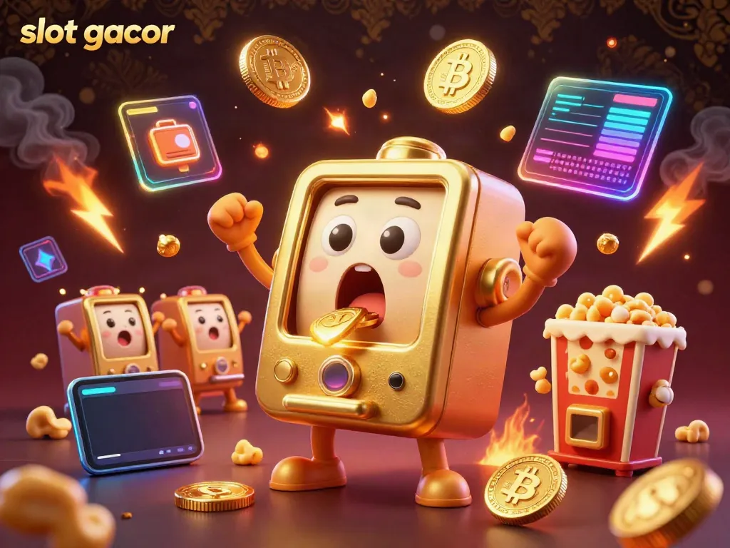 Slot gacor menampilkan mesin slot emas berurai jackpot dengan koin berceceran dan mesin slot kecil bersorak di sebelahnya.