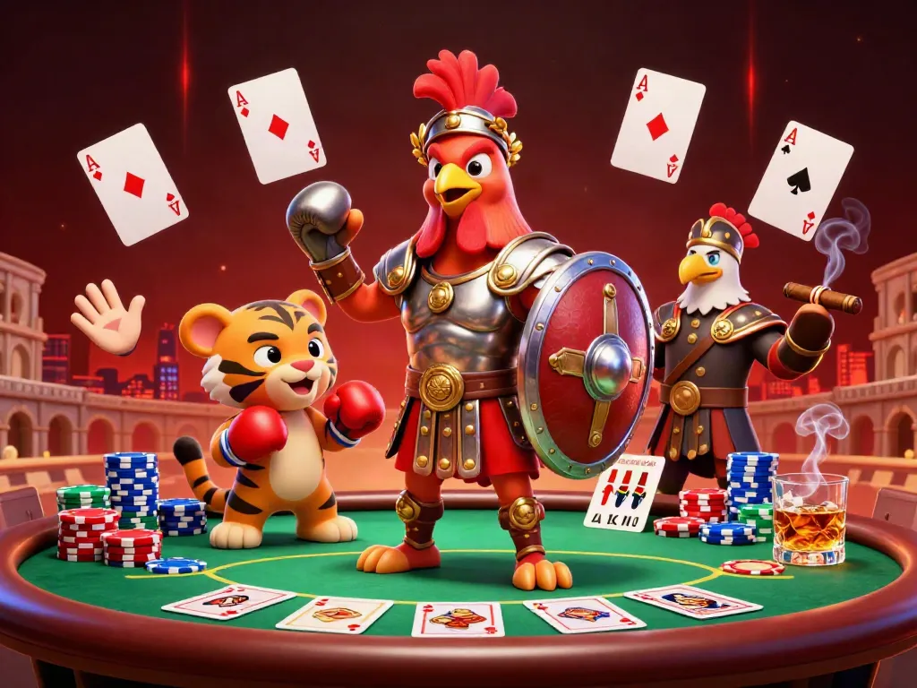 Hitclub gaming scene with a gladiator rooster, poker elements, and dynamic casino atmosphere.