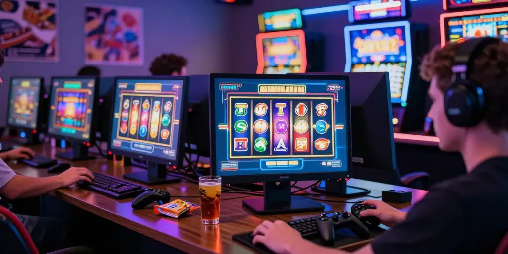 Player engaged with an online slot game on desktop, capturing excitement and vivid graphics.