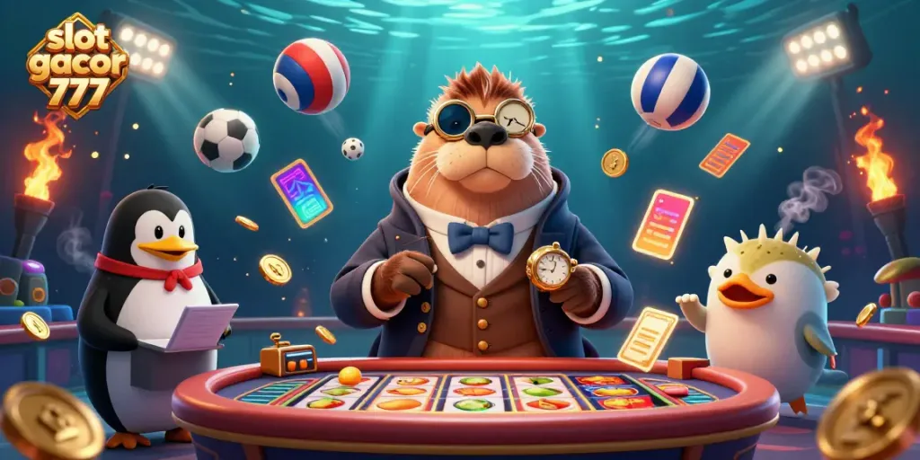 Slot gacor 777, walrus dan dealer penguin bermain mesin slot di bawah laut.
