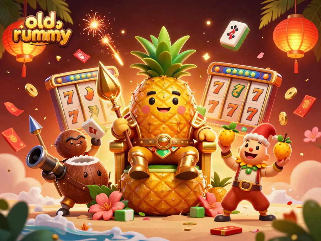 Ilustrasi 3D raja nanas emas memerintah di kasino, menggambarkan permainan rummy online yang menarik.