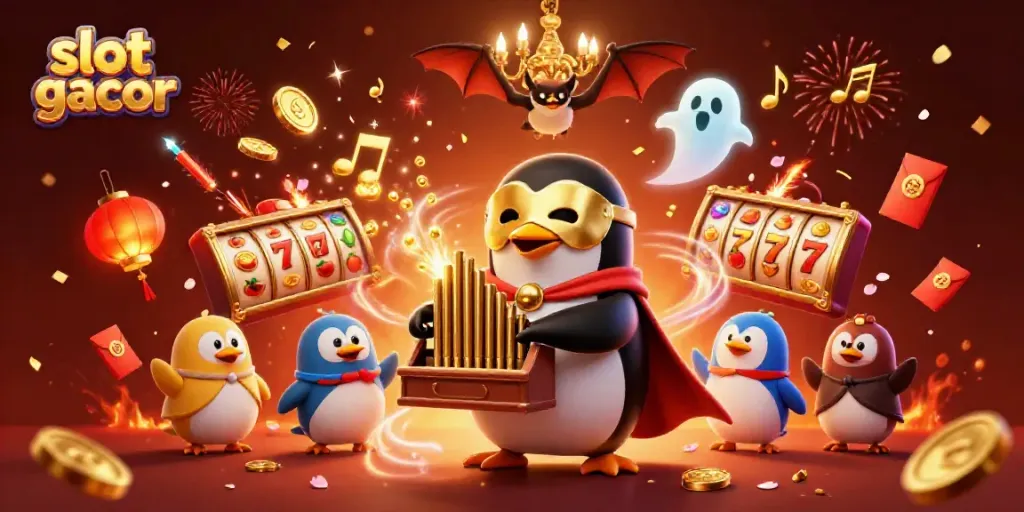 Experience the thrilling slot gacor scene with cartoon characters celebrating wins amidst floating symbols and confetti.