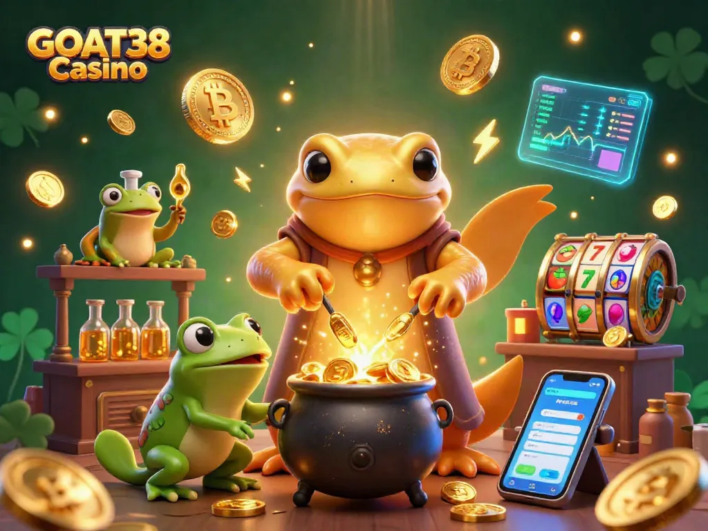 Experience the excitement of GOAT38 Casino with a magical scene of alchemy and crypto elements.