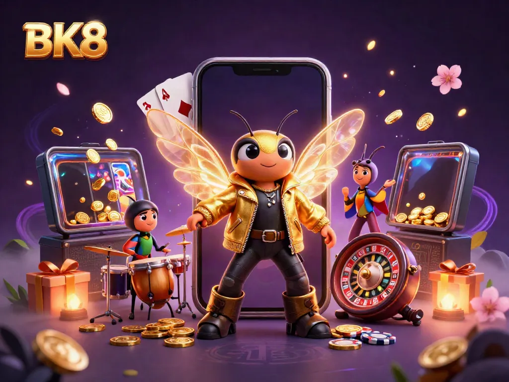 Experience the thrill of BK8 with a vibrant casino scene featuring a rock star cicada and exciting game elements.