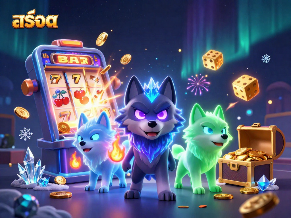 Experience สล็อต action with a thrilling 3D illustration of a shadow wolf pack leader and a jackpot explosion.