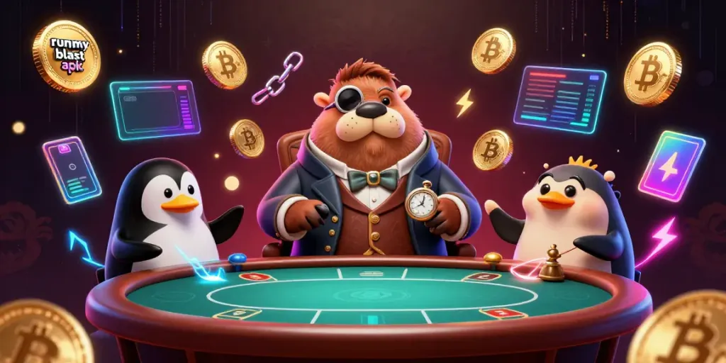 Play rummy blast apk with engaging characters at a vibrant online poker table.