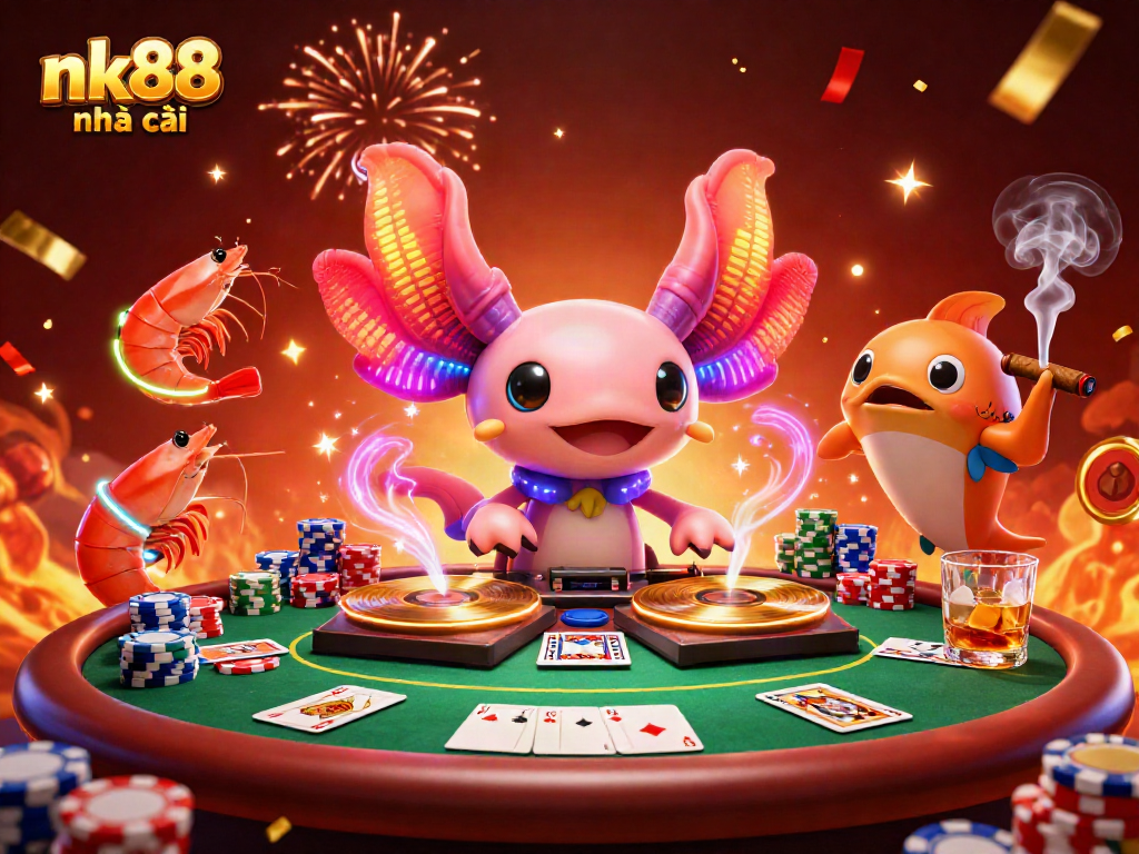 Experience the vibrant energy of nk88 nhà cái with a 3D scene of a DJ and casino elements in 2026.