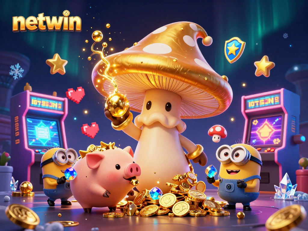 Experience the magic of netwin with a vibrant 3D scene filled with golden treasure and gaming excitement.