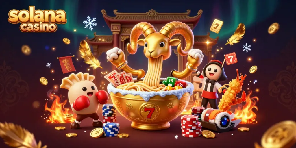 Experience vibrant action in a solana casino setting with animated characters, games, and glowing elements.