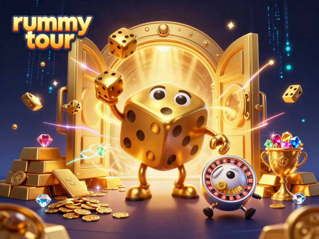 Rummy tour menampilkan ilustrasi kasino 3D yang penuh warna dengan karakter kastor dan dadu emas.