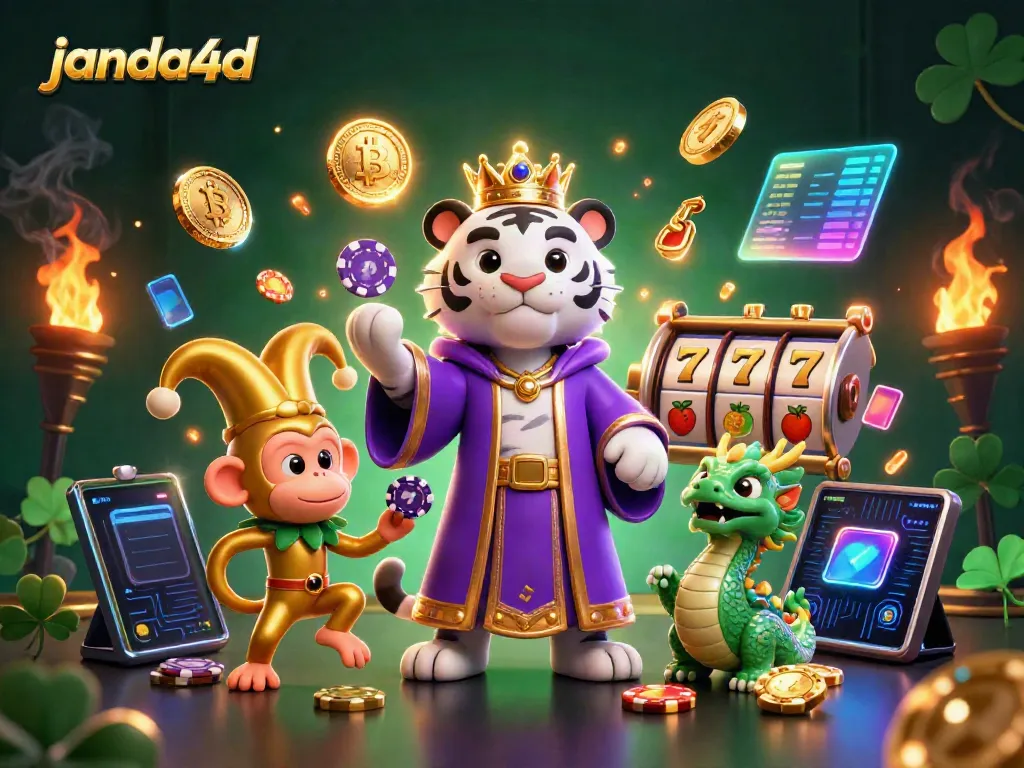 Permainan seru JANDA4D tergambar dengan harimau putih kartun 3D, monyet emas, dan naga giok yang hidup.
