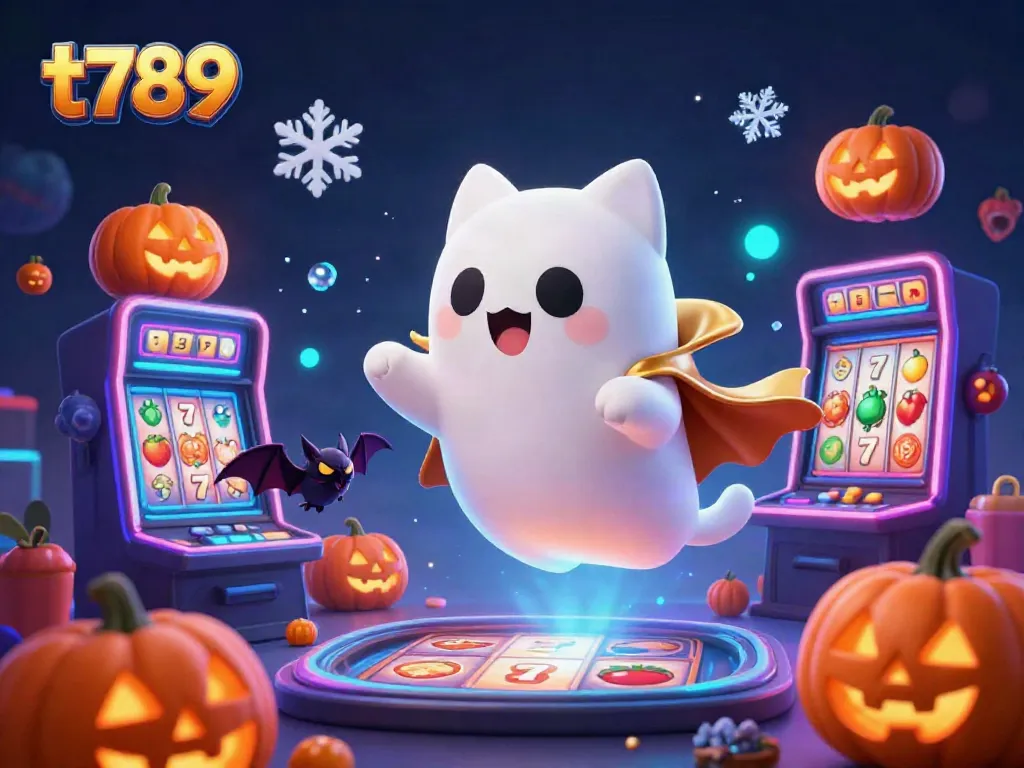Experience thrilling gaming at t789 with a ghost cat and bat in an energized casino scene.